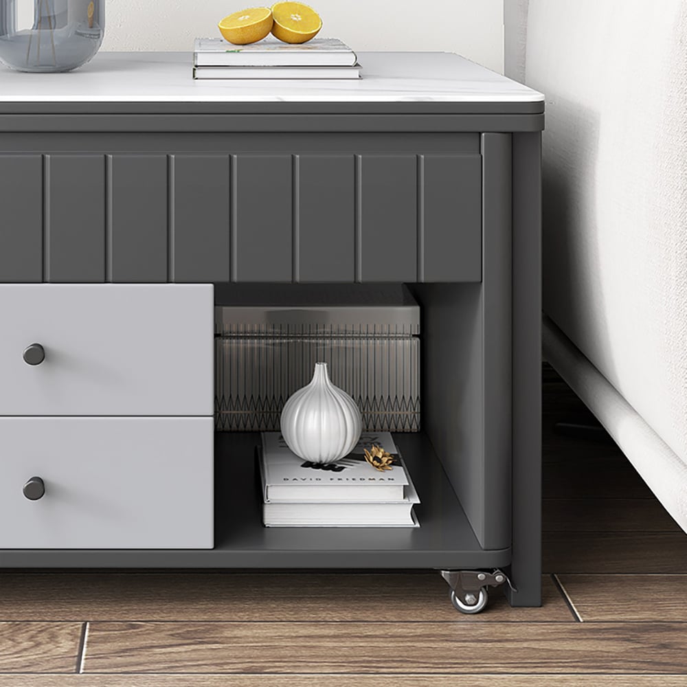 Moderne salontafel met liftblad en multifunctionele opbergtafel in wit en grijs Vensterafbeelding