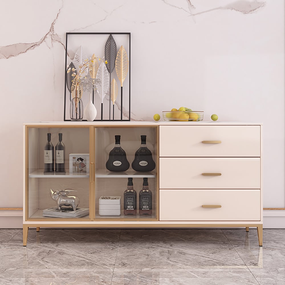 Modern Light Khaki Sideboard with Storage Sintered Stone Top Tempered Glass Doors window image
