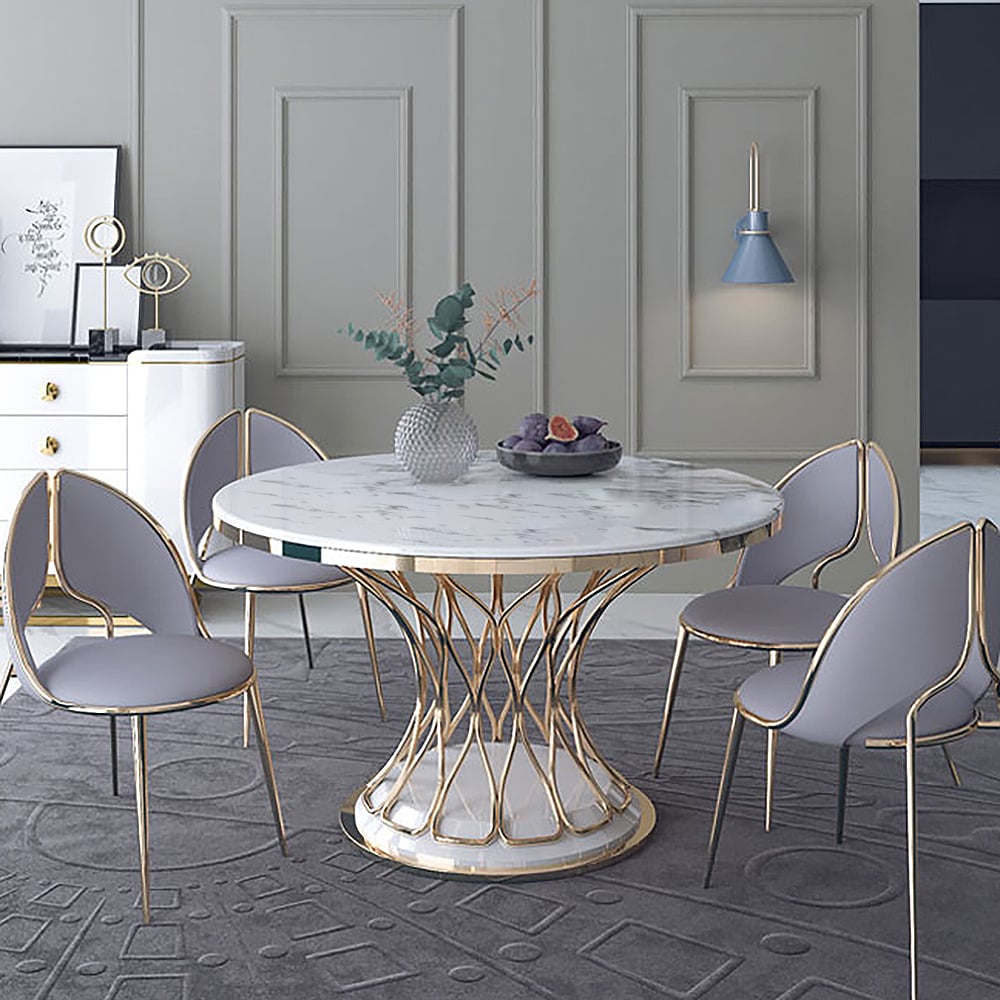 1300mm Modern Round Dining Table Marble Top & Stainless Steel Pedestal in White window image