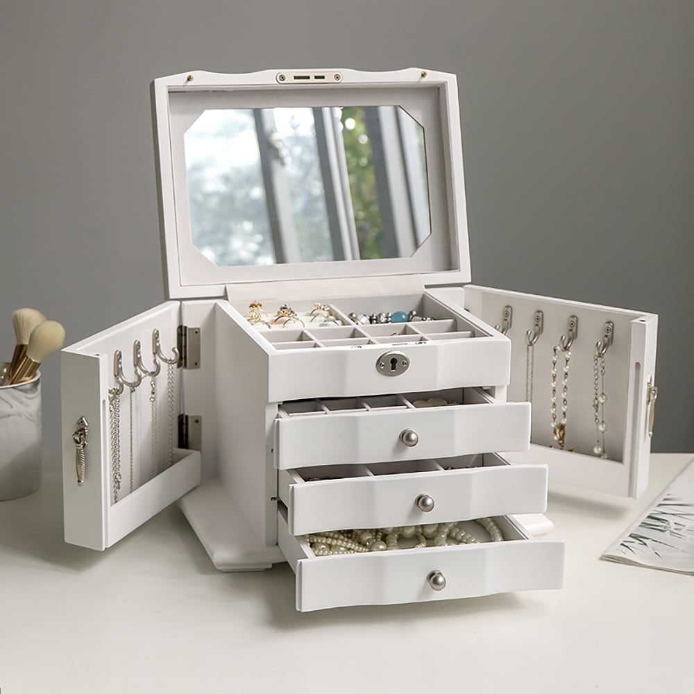 4-Tier Lockable Jewelry Box Storage Case with Drawers & Mirror window image