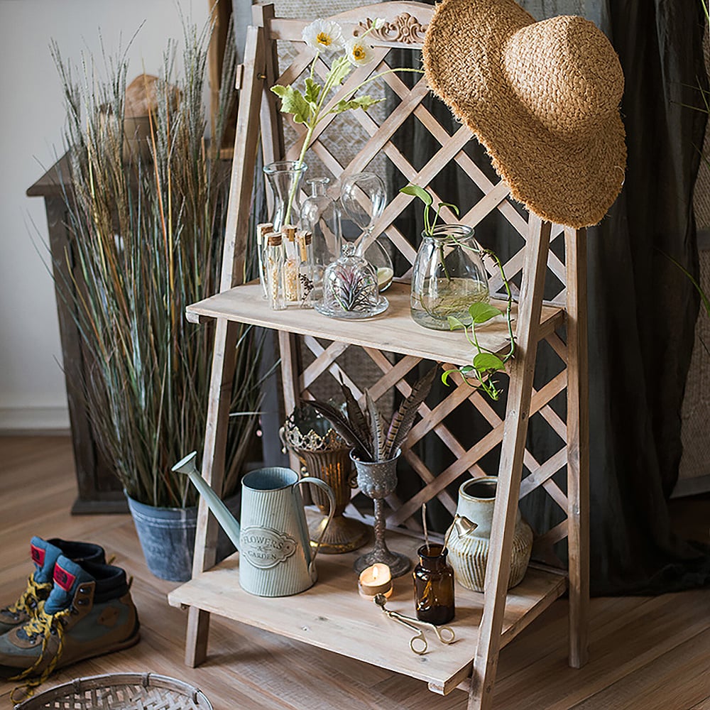 Retro 2-Tier Ladder Plant Stand Decor Storage Shelf in Wood window image