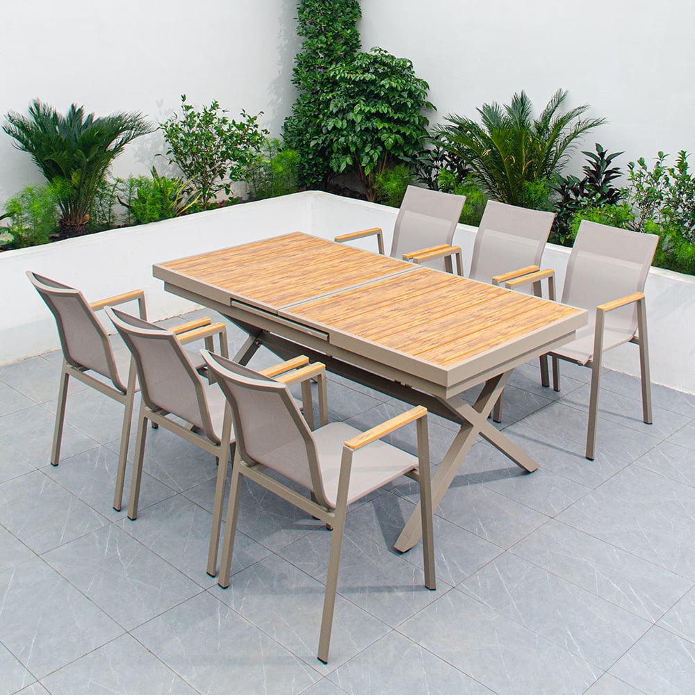 7-Pieces Outdoor Dining Set with Extendable Table and 6 Side Chairs window image