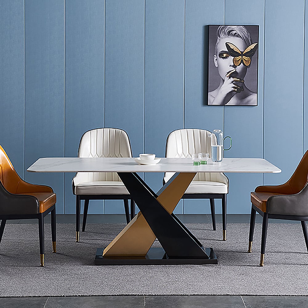 70.9" Modern Dining Table Rectangle Sintered Stone Top Stainless Steel & Titanium Base window image