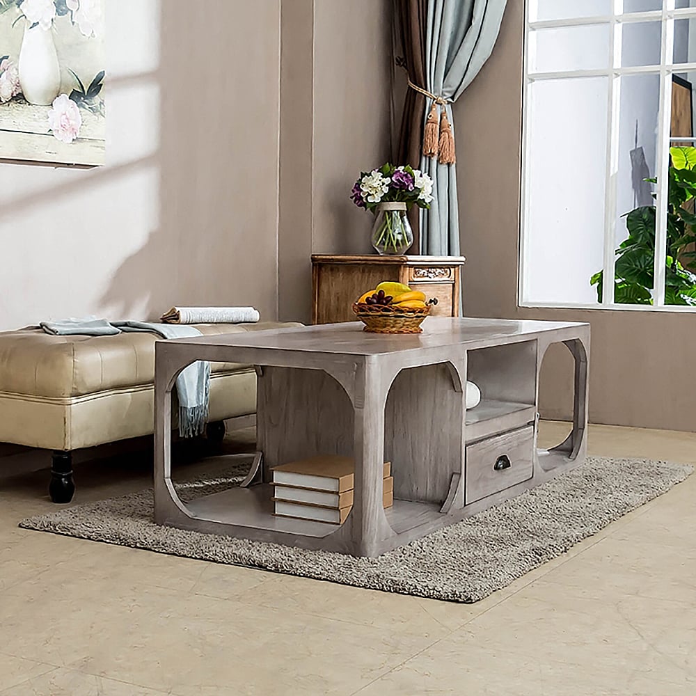 Rustic Coffee Table with Storage Natural Rectangle Wood & Metal window image