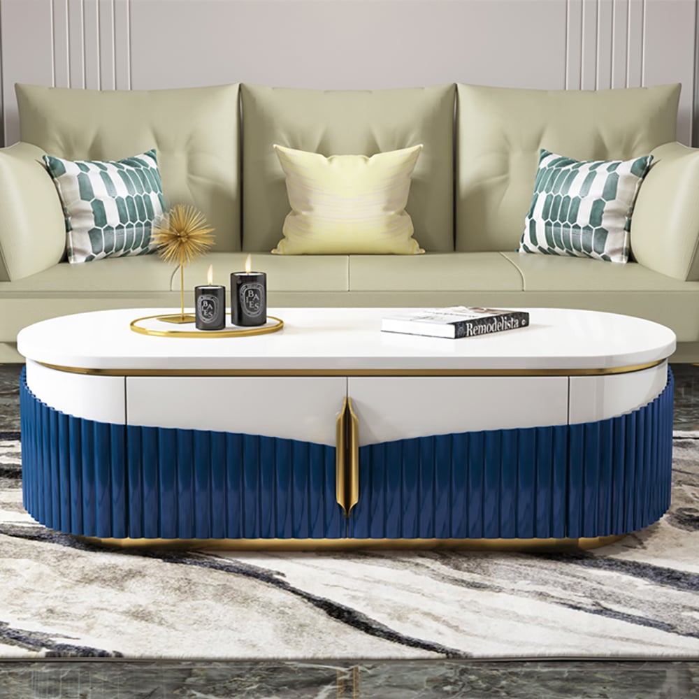Modern Coffee Table with Storage Marble Top & Wood Doors window image