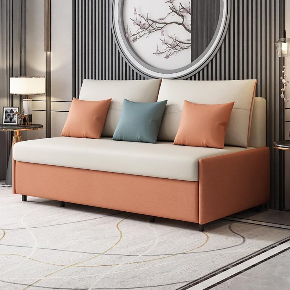 74.8" Beige&Orange Full Sleeper Sofa Leath-Aire Upholstered Convertible Sofa Bed window image