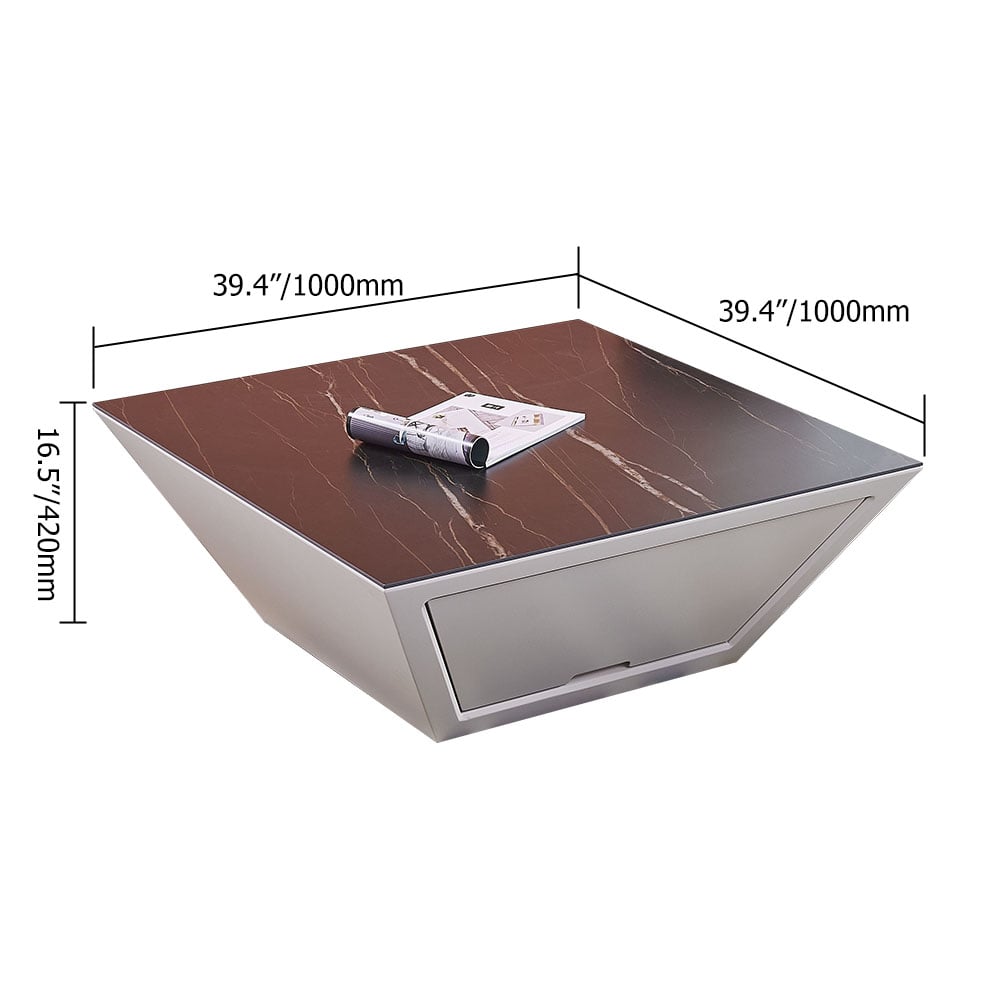 Modern Square Coffee Table with Storage Sintered Stone Top & Wood Base in Black & White window image