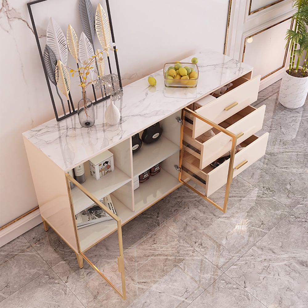 Modern Light Khaki Sideboard with Storage Sintered Stone Top Tempered Glass Doors window image