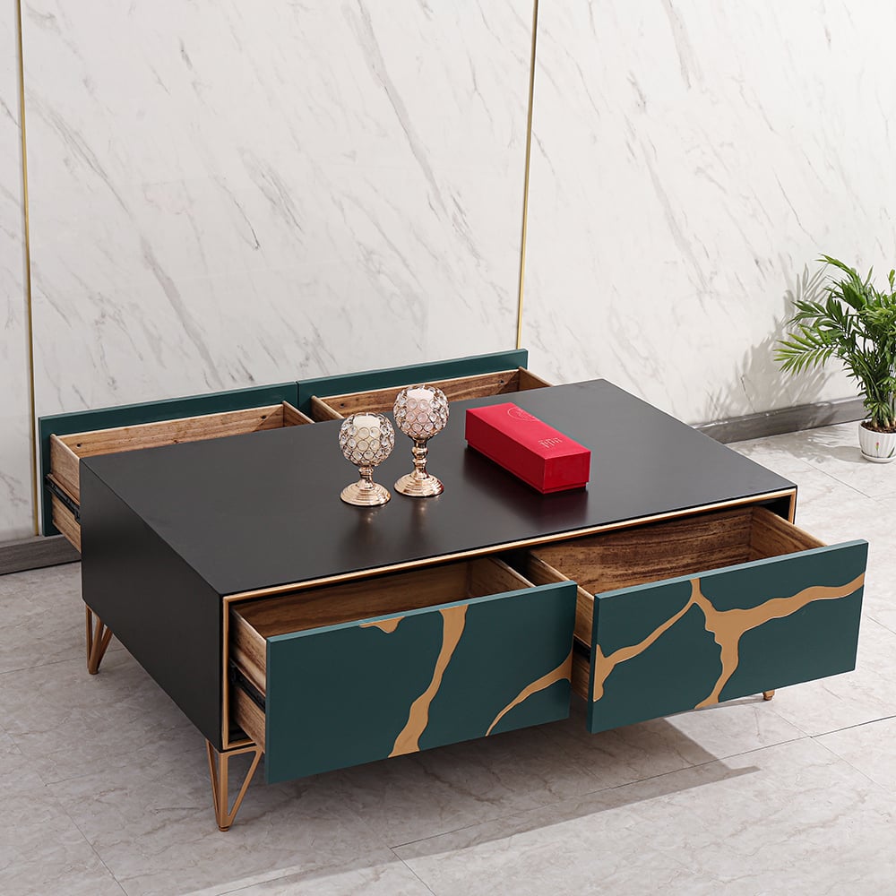Black Contemporary Coffee Table with Drawers in MDF & Metal window image