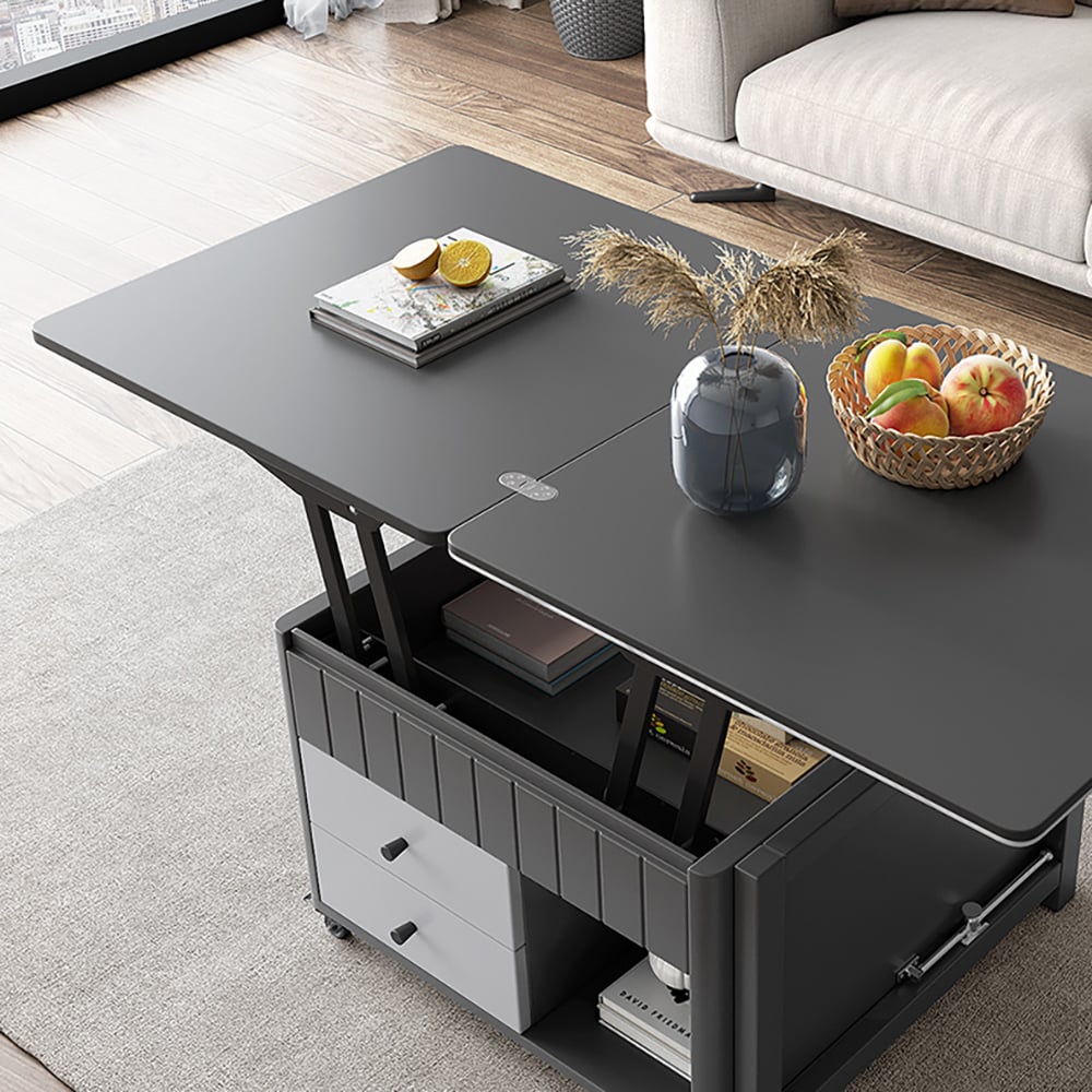 Moderne salontafel met liftblad en multifunctionele opbergtafel in wit en grijs Vensterafbeelding