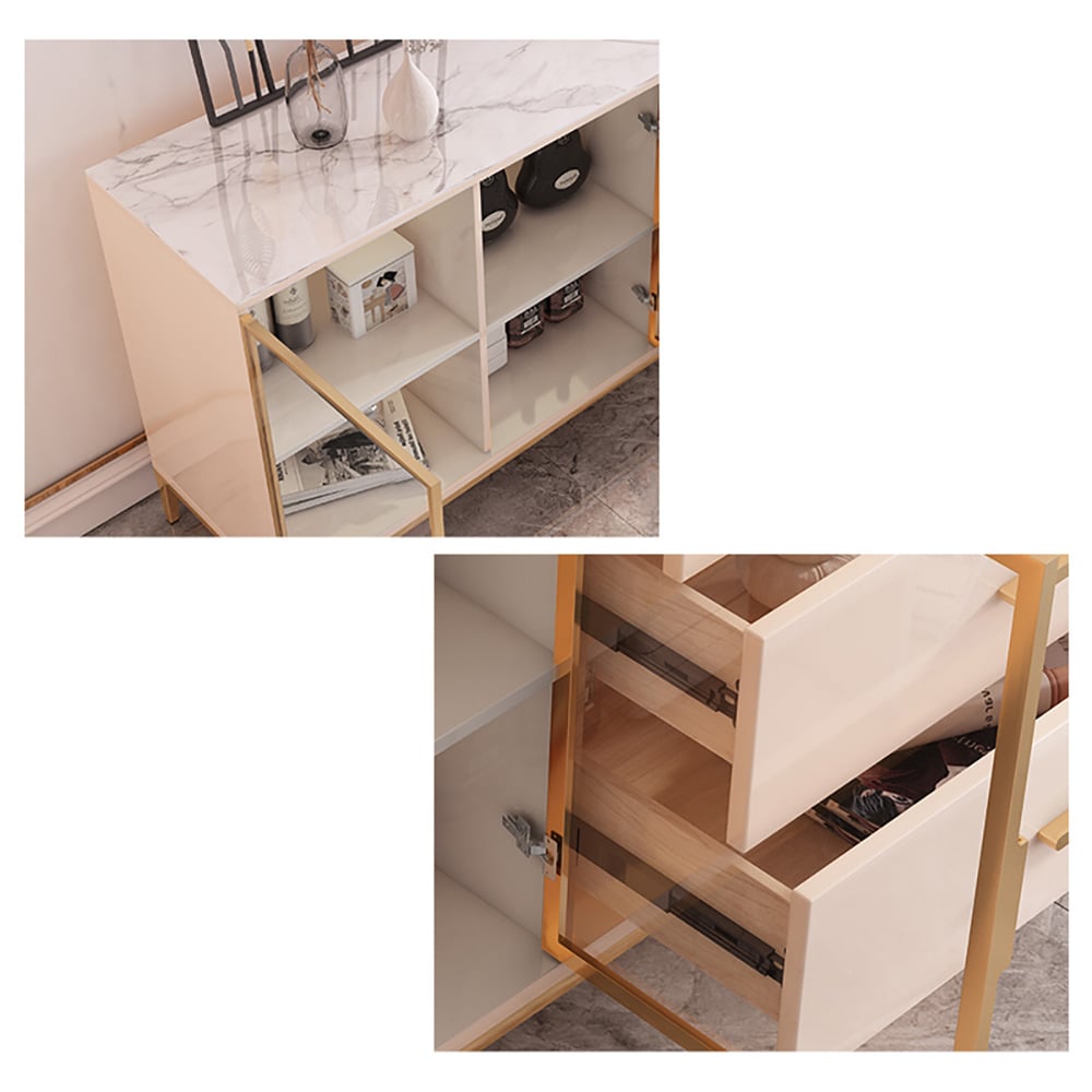 Modern Light Khaki Sideboard with Storage Sintered Stone Top Tempered Glass Doors window image