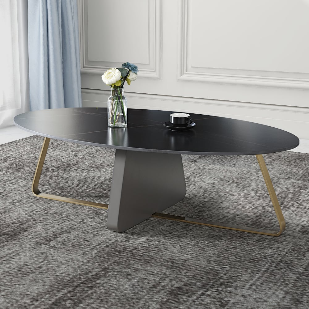 Black Modern Oval Coffee Table Sintered Stone Top & Stainless Steel Trestle window image