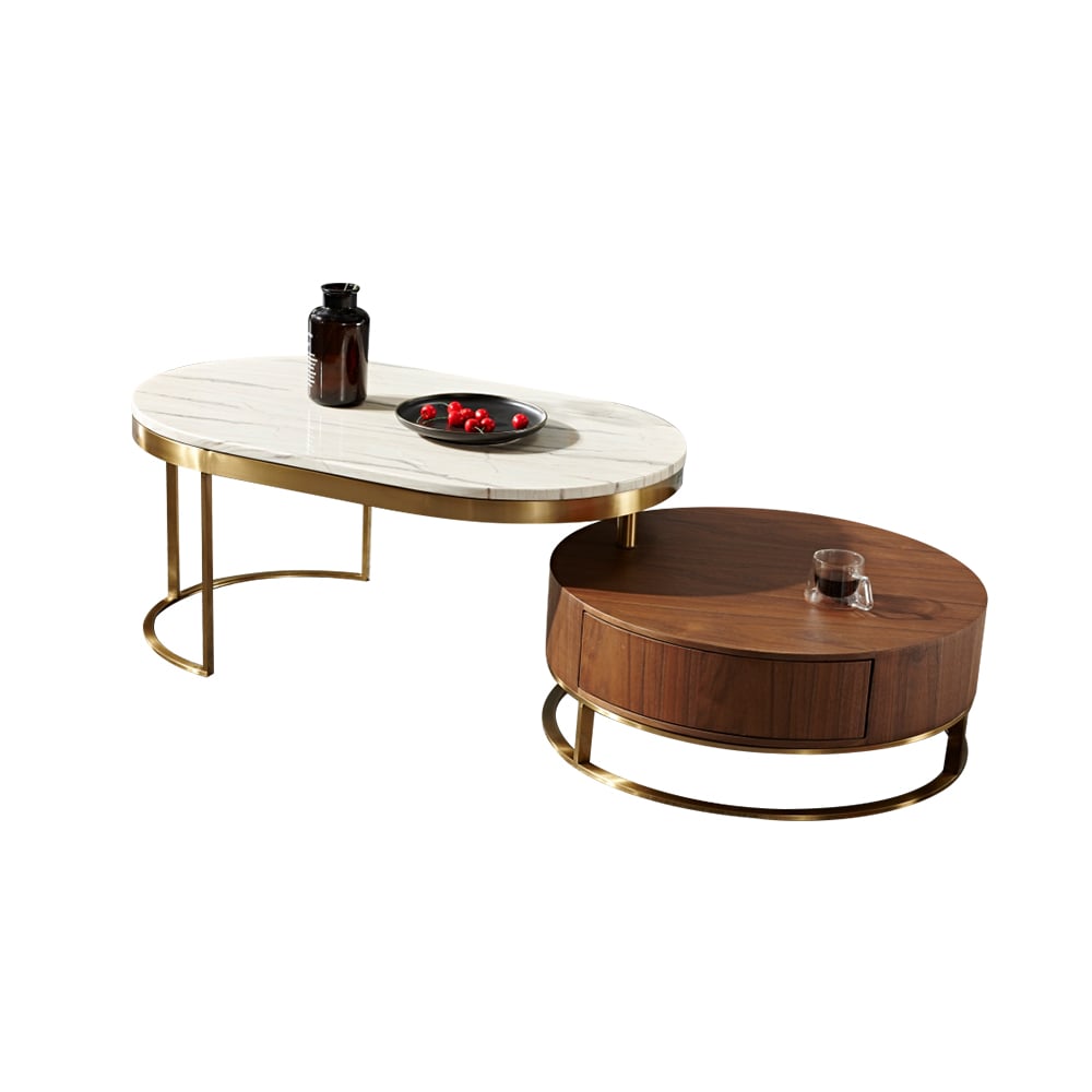 Moden Oval & Round Nesting Coffee Table Storage Marble/Wood Top & Stainless Steel Base window image