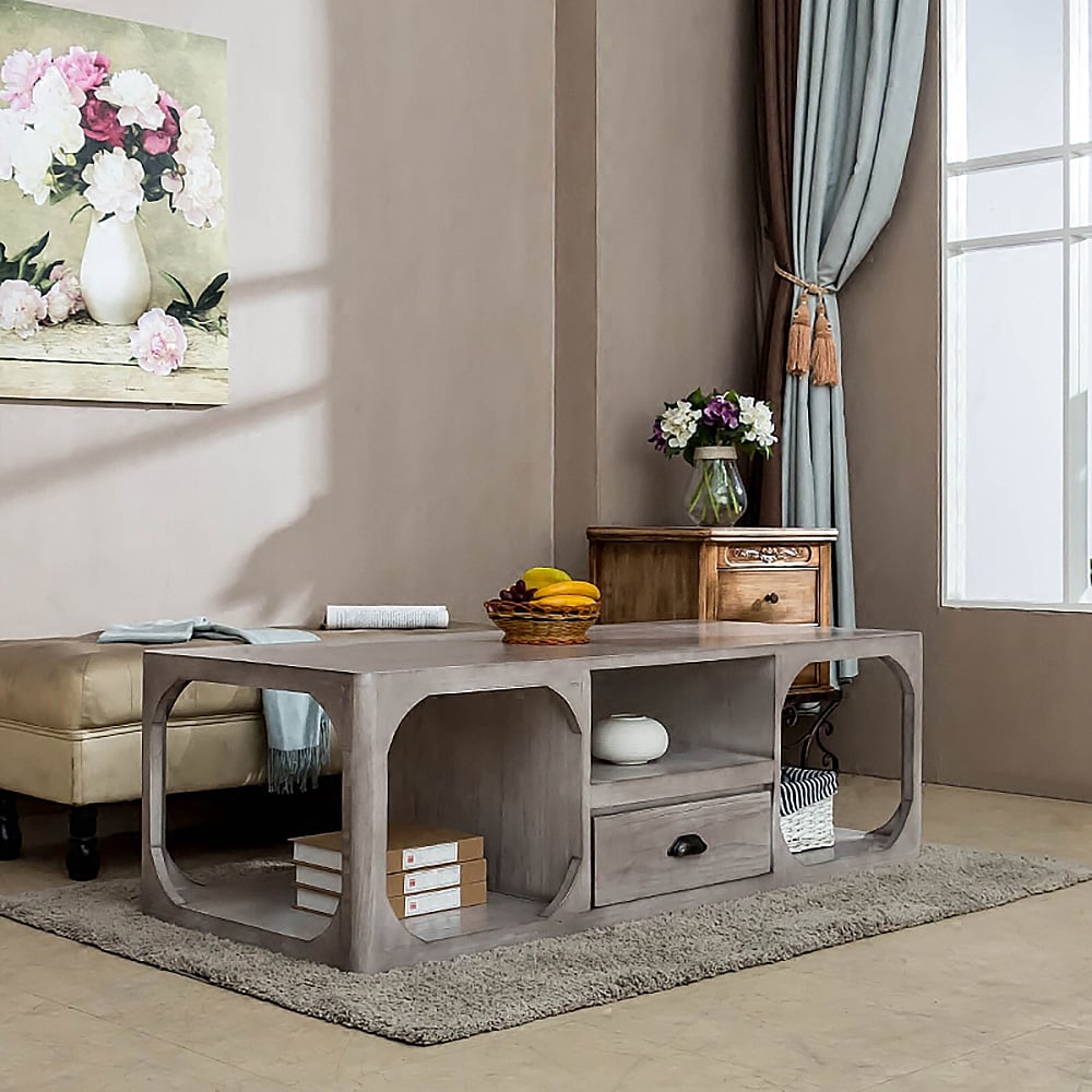 Rustic Coffee Table with Storage Natural Rectangle Wood & Metal window image