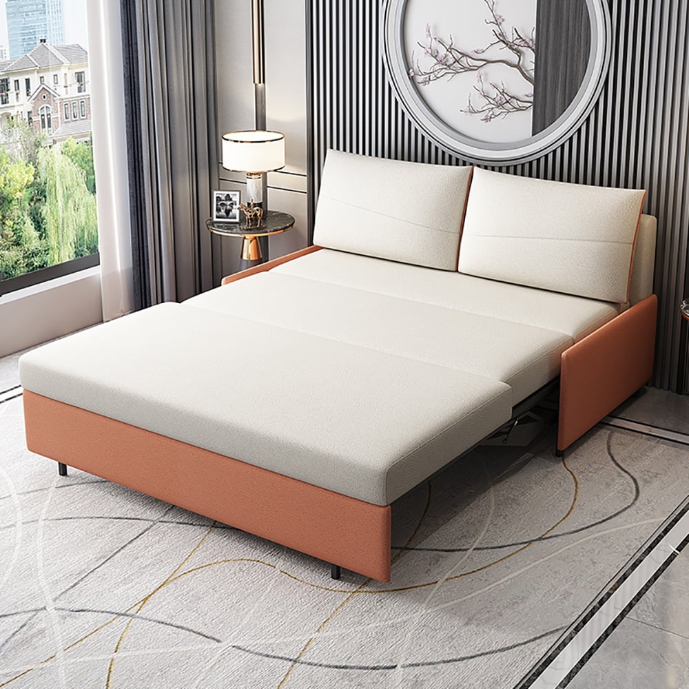 74.8" Beige&Orange Full Sleeper Sofa Leath-Aire Upholstered Convertible Sofa Bed window image