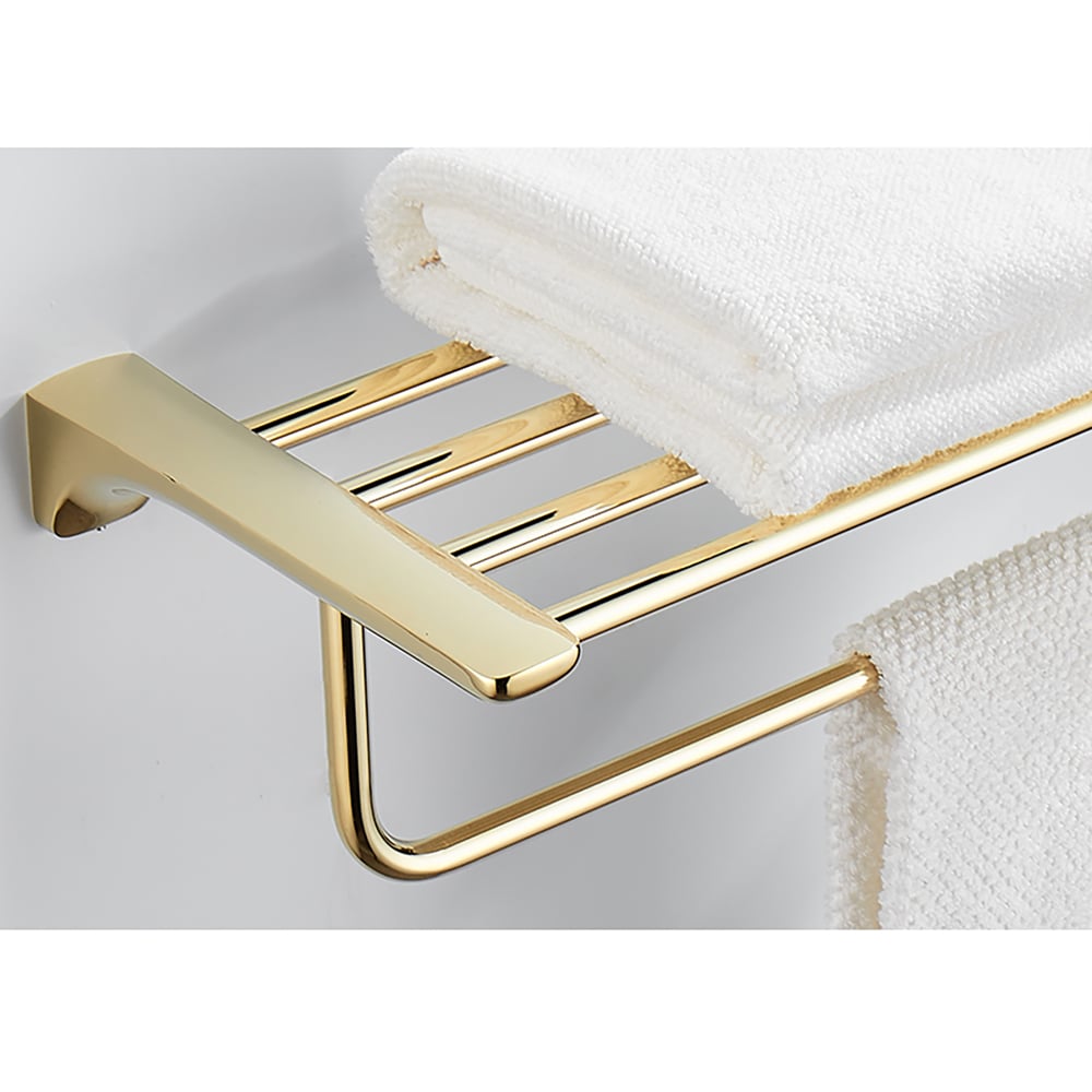 Golden Wall Mounted Rustproof Bathroom Shelf with Towel Rack window image