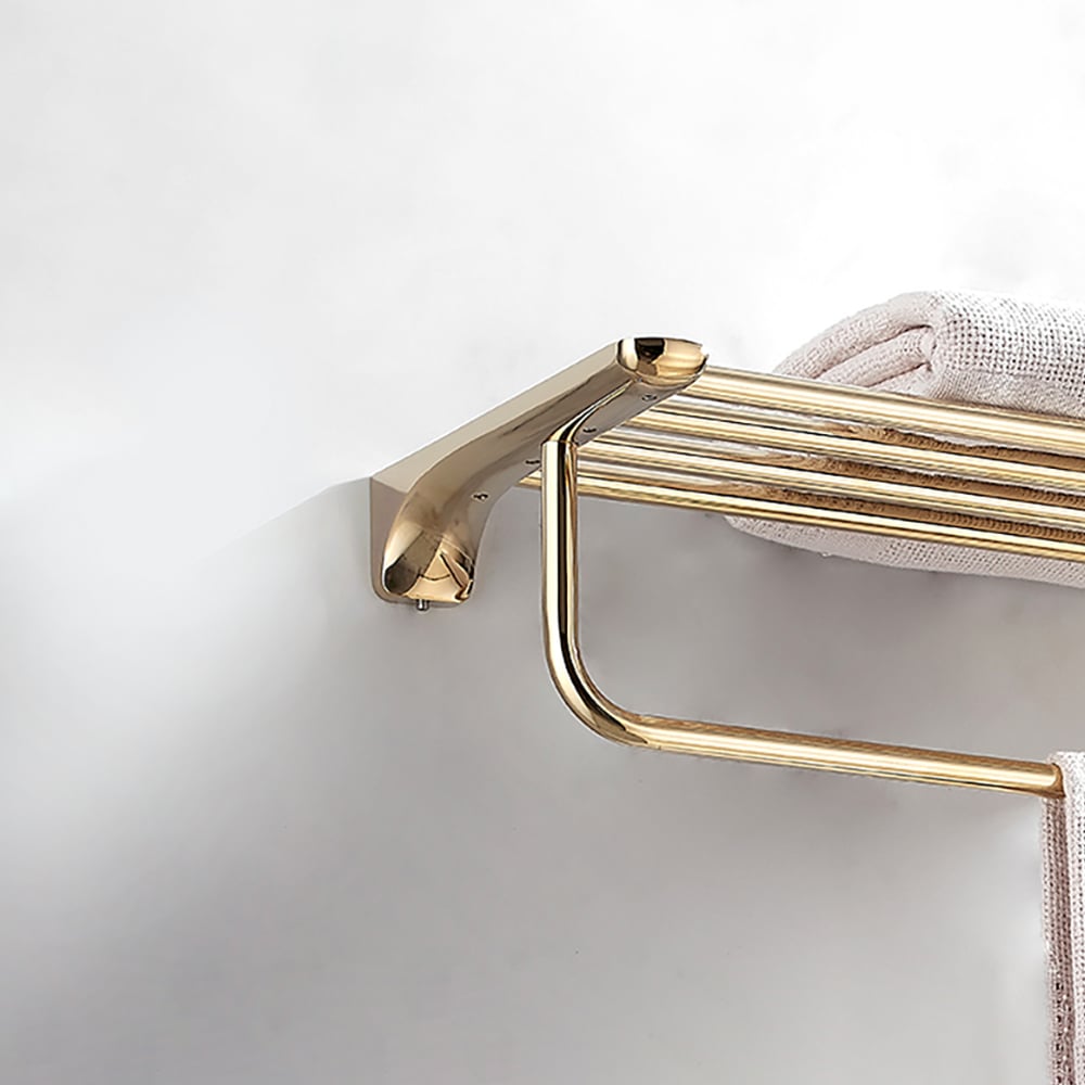 Golden Wall Mounted Rustproof Bathroom Shelf with Towel Rack window image