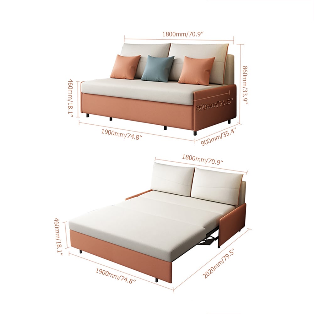 74.8" Beige&Orange Full Sleeper Sofa Leath-Aire Upholstered Convertible Sofa Bed window image