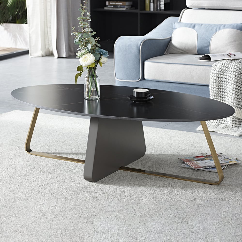 Black Modern Oval Coffee Table Sintered Stone Top & Stainless Steel Trestle window image