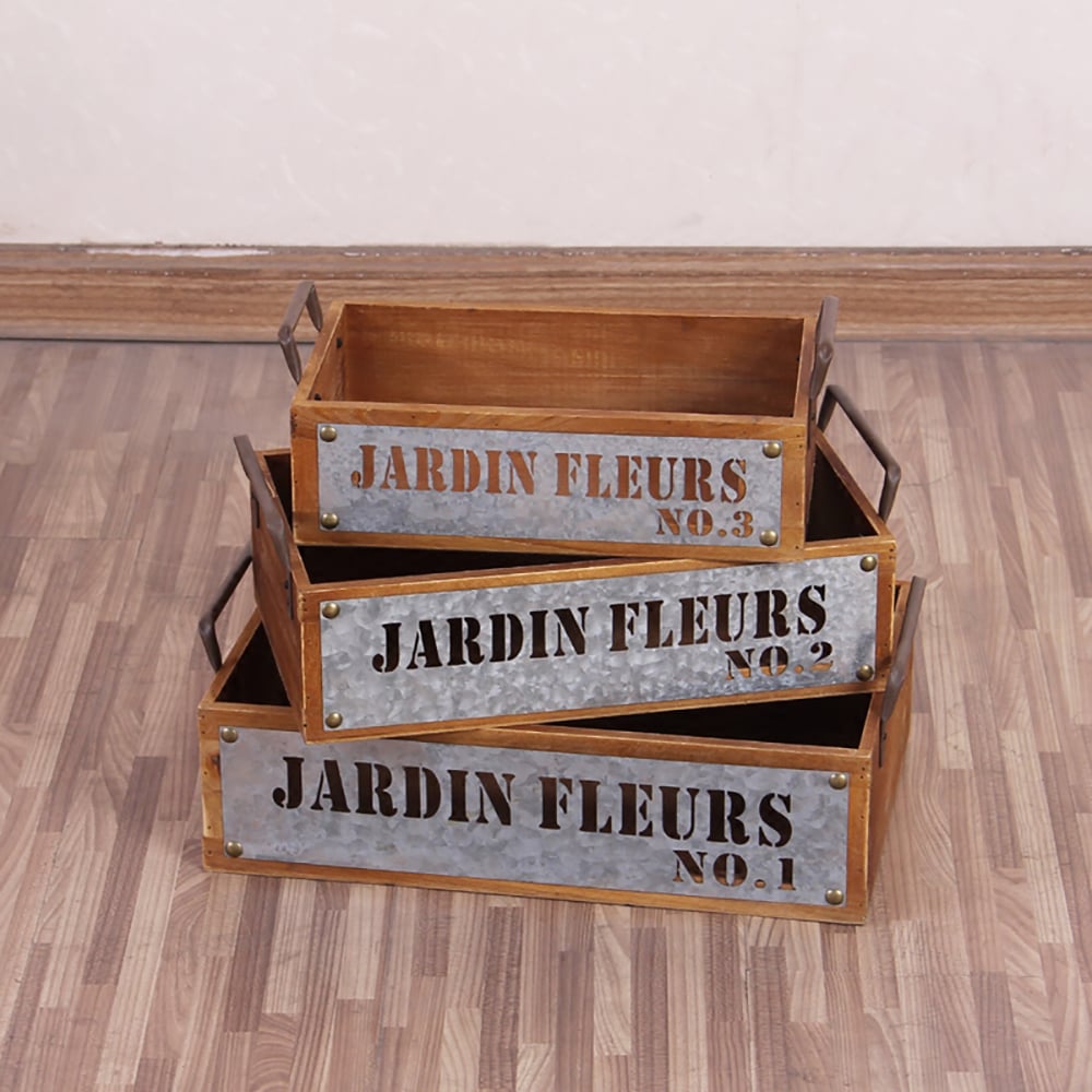 3 Pieces Rectangular Wooden Tray Desktop Organiser with Metal Handles window image