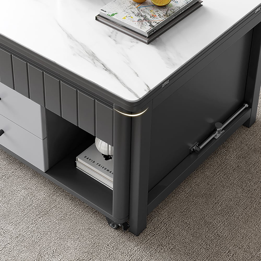 Moderne salontafel met liftblad en multifunctionele opbergtafel in wit en grijs Vensterafbeelding