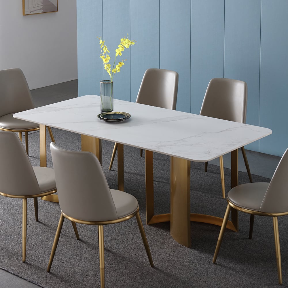 70.9" Modern Dining Table Rectangle Sintered Stone Top & Titanium Base window image