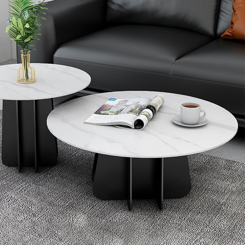 Modern & Contemporary Round Coffee Table White Sintered Stone Top & Black Steel Trestle window image