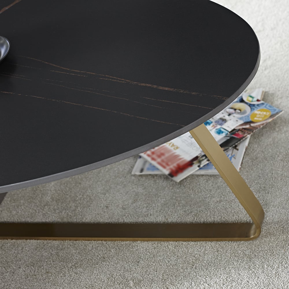 Black Modern Oval Coffee Table Sintered Stone Top & Stainless Steel Trestle window image