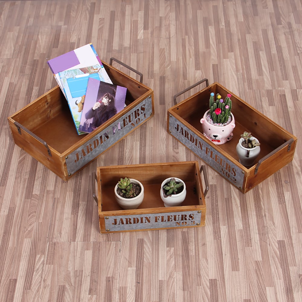 3 Pieces Rectangular Wooden Tray Desktop Organiser with Metal Handles window image
