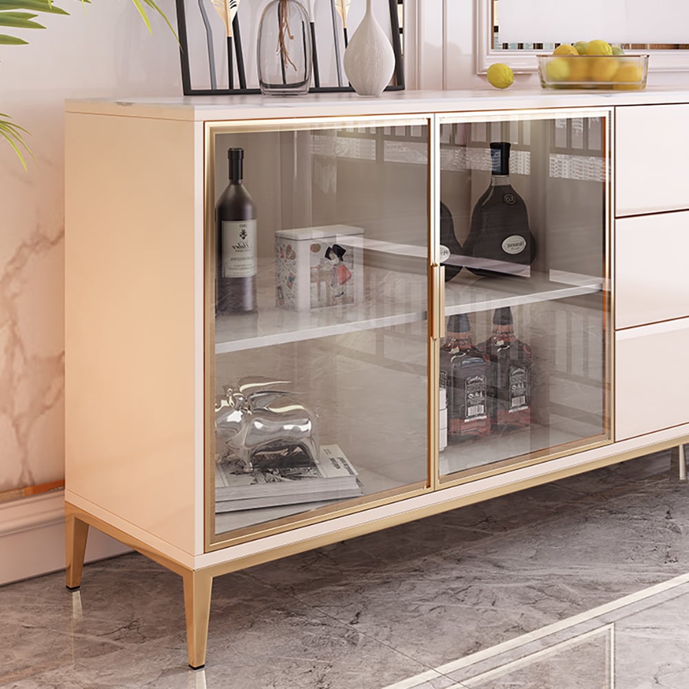 Modern Light Khaki Sideboard with Storage Sintered Stone Top Tempered Glass Doors window image