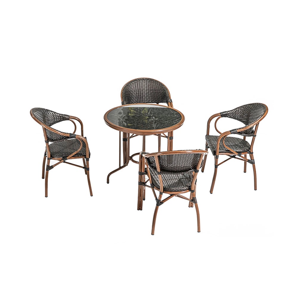 5-Pieces Rattan Patio Dining Set with Glass-top Trestle Table and 4 Rattan Armchair window image