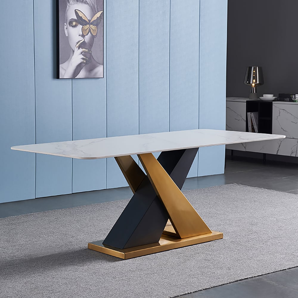 70.9" Modern Dining Table Rectangle Sintered Stone Top Stainless Steel & Titanium Base window image