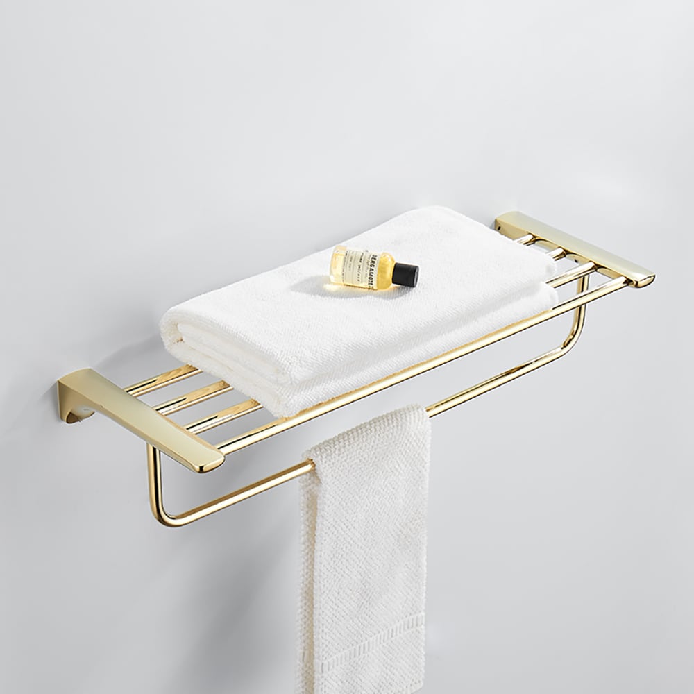 Golden Wall Mounted Rustproof Bathroom Shelf with Towel Rack window image