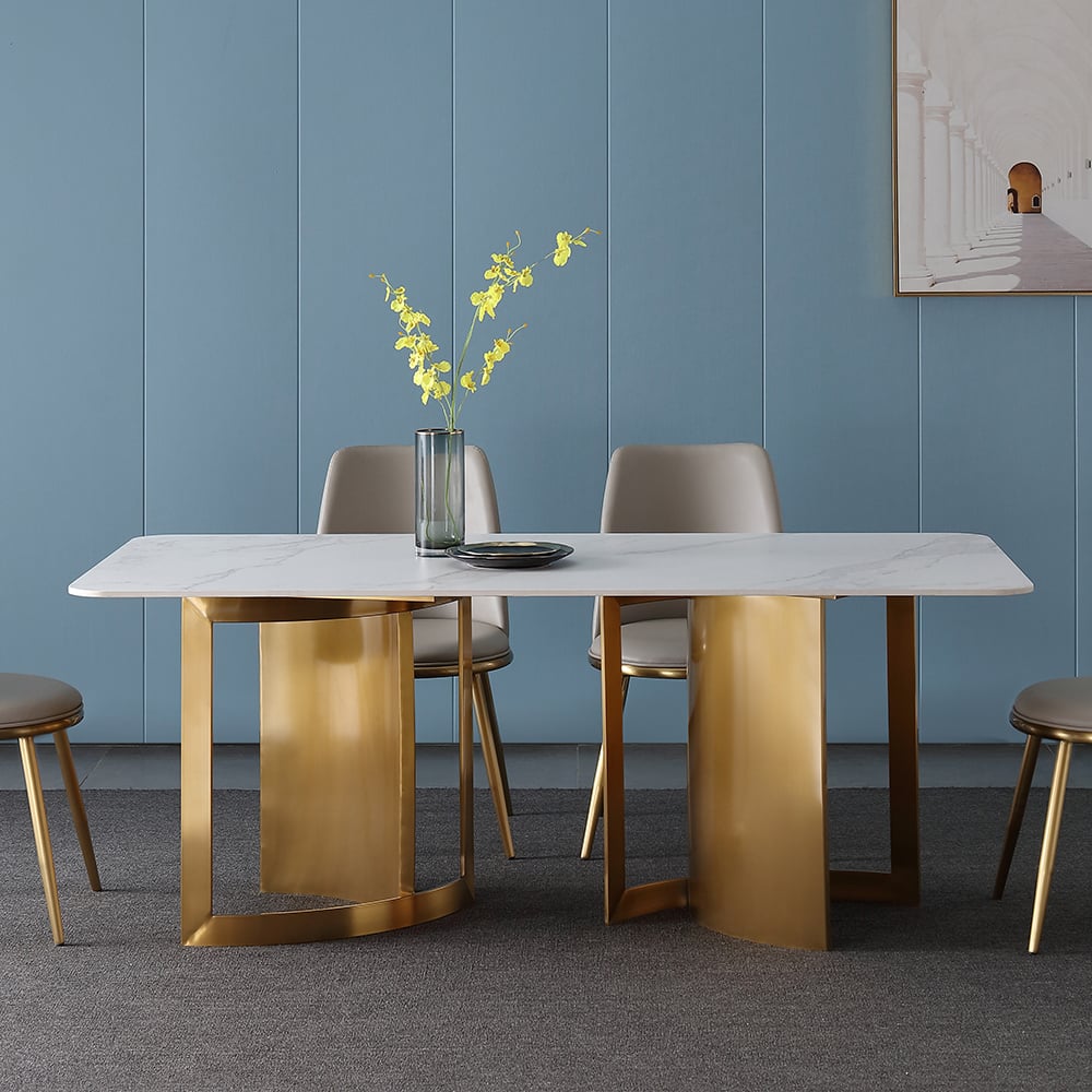 70.9" Modern Dining Table Rectangle Sintered Stone Top & Titanium Base window image