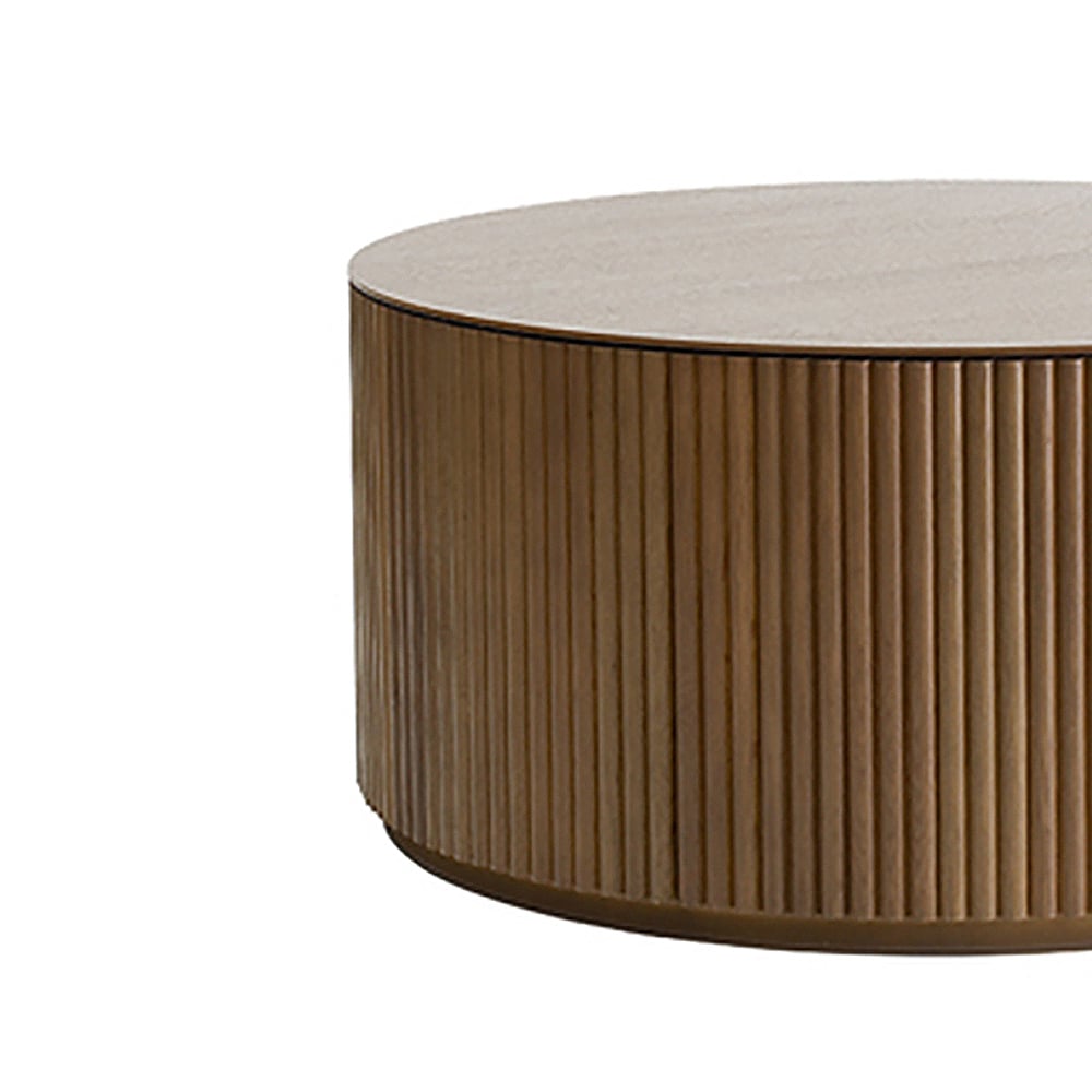 Farmhouse Round Coffee Table in Pine Wood Rustic Wooden Accent Table in Walnut window image