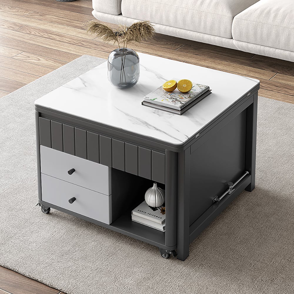 Moderne salontafel met liftblad en multifunctionele opbergtafel in wit en grijs Vensterafbeelding