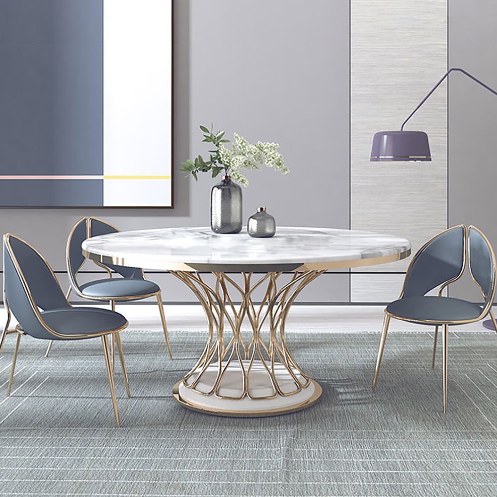 1300mm Modern Round Dining Table Marble Top & Stainless Steel Pedestal in White window image