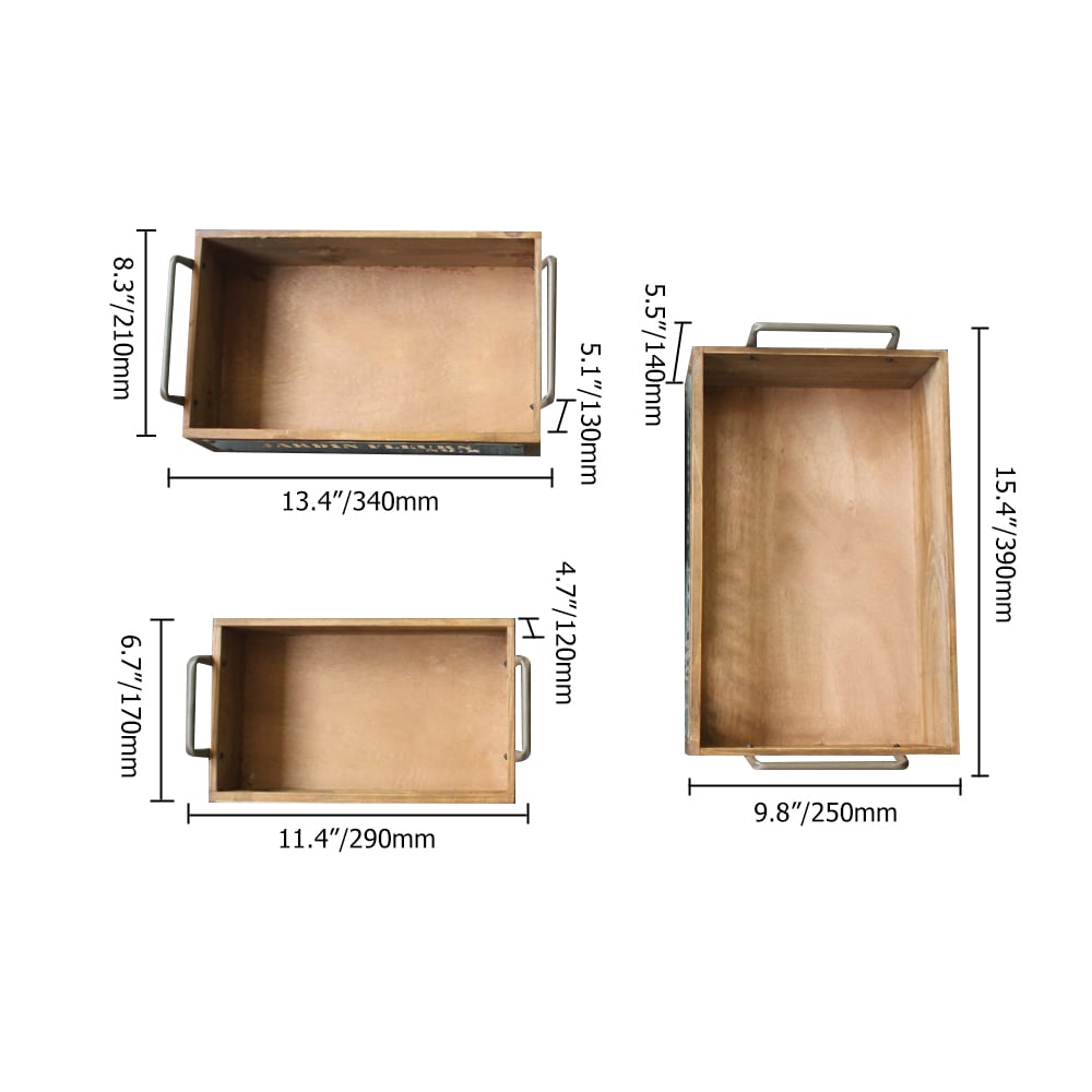 3 Pieces Rectangular Wooden Tray Desktop Organiser with Metal Handles window image