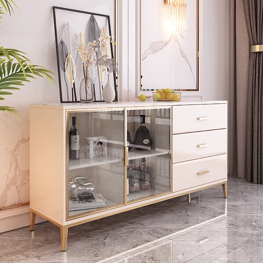 Modern Light Khaki Sideboard with Storage Sintered Stone Top Tempered Glass Doors window image