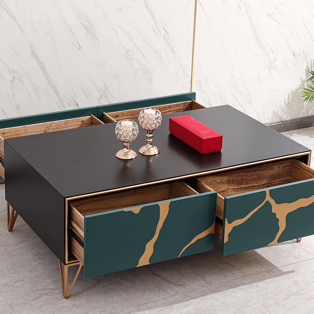 Black Contemporary Coffee Table with Drawers in MDF & Metal window image
