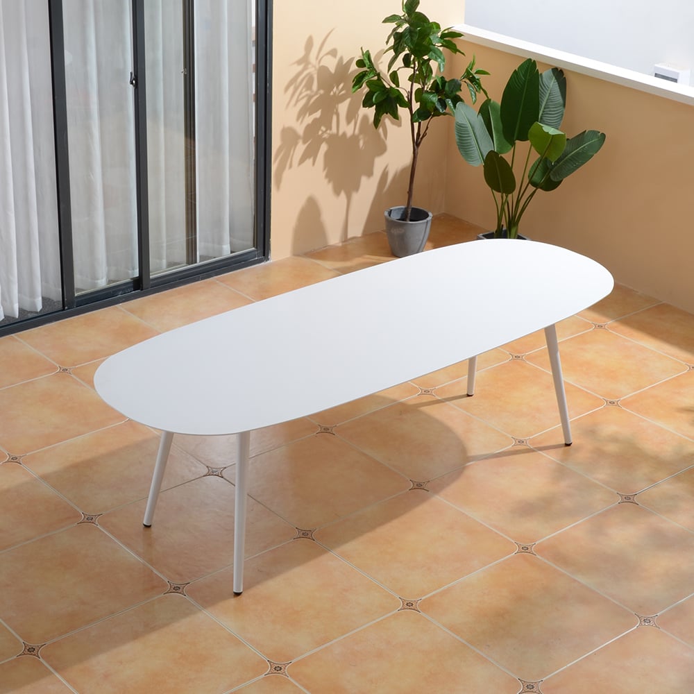 7-Pieces Outdoor Dining Set with White Aluminium Table and Blue Rattan Woven Armchair window image