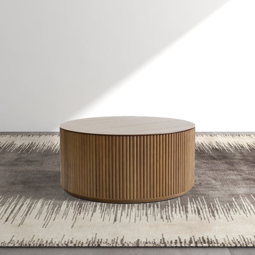 Farmhouse Round Coffee Table in Pine Wood Rustic Wooden Accent Table in Walnut window image