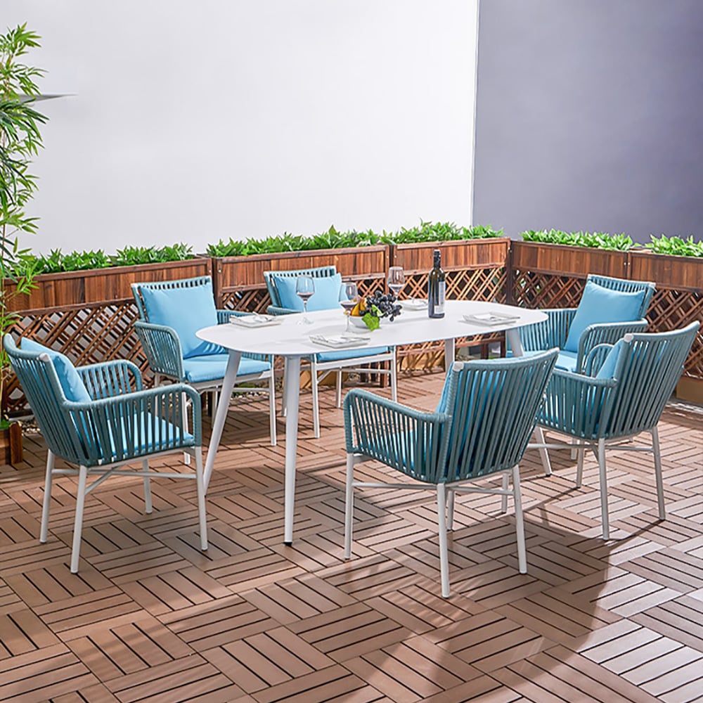 7-Pieces Outdoor Dining Set with White Aluminium Table and Blue Rattan Woven Armchair window image