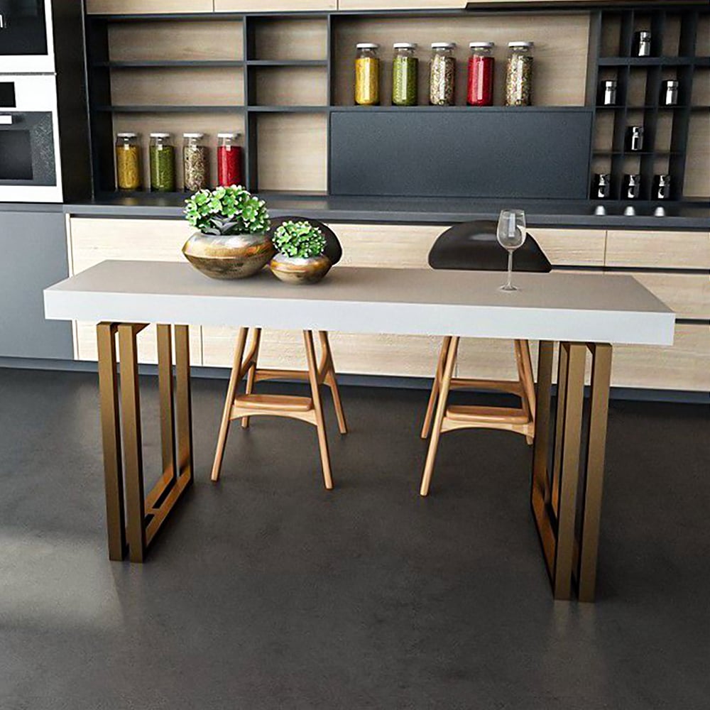 Modern White Bar Table Wood Top & Metal Base Pub Table window image