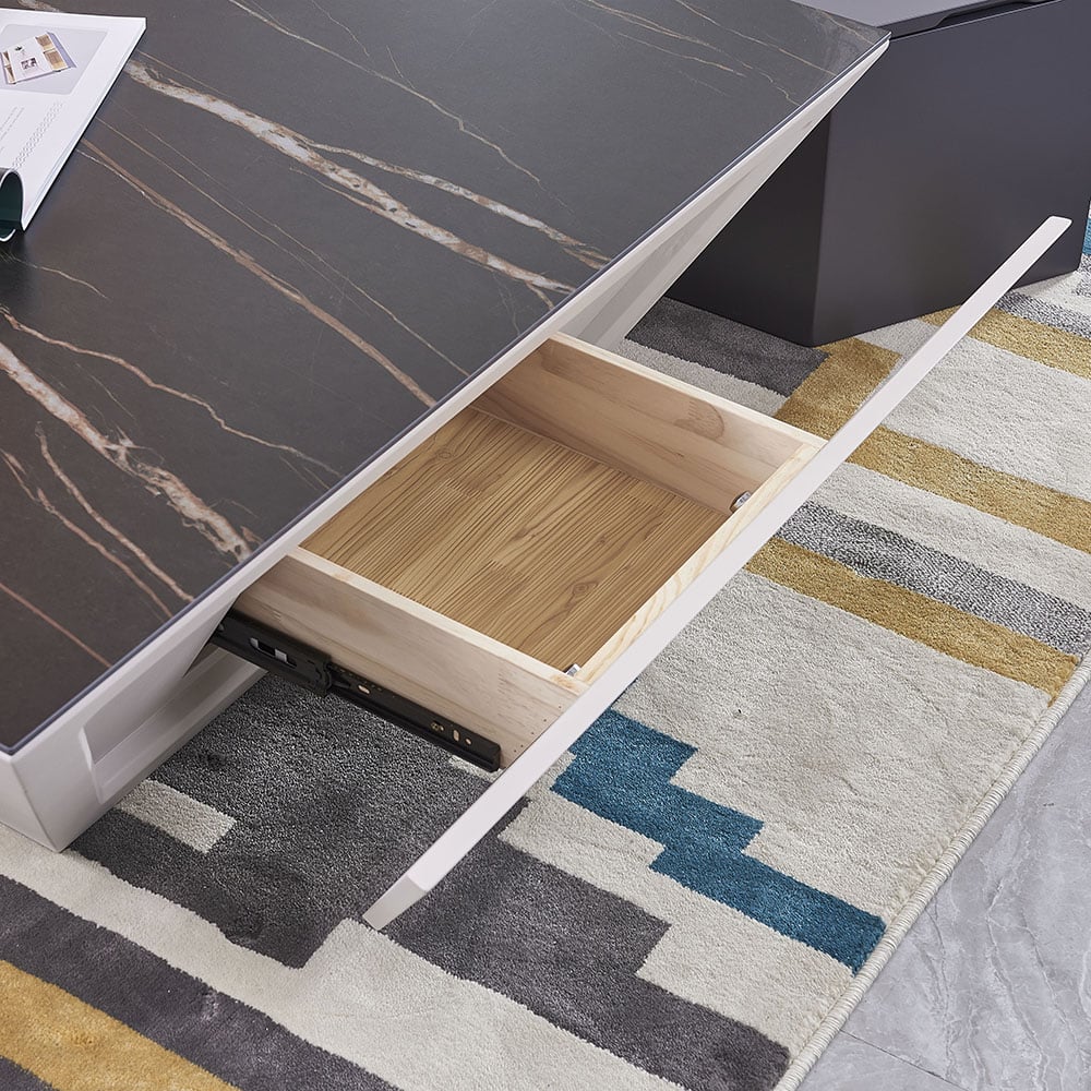 Modern Square Coffee Table with Storage Sintered Stone Top & Wood Base in Black & White window image