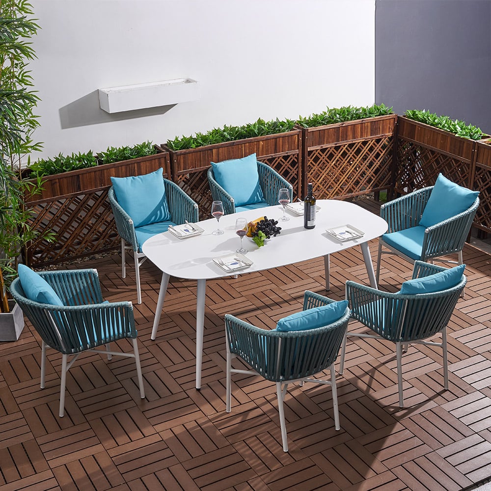 7-Pieces Outdoor Dining Set with White Aluminium Table and Blue Rattan Woven Armchair window image