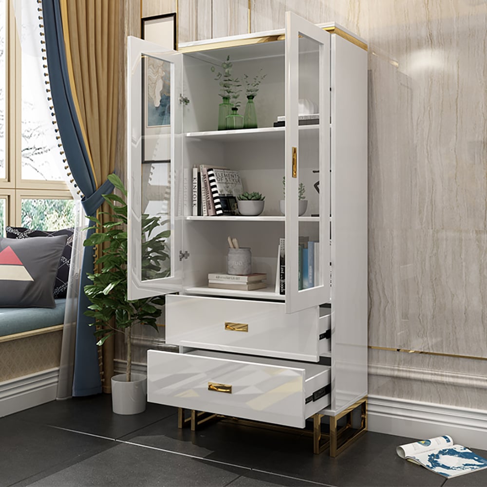 Tall Rectangular White Bookcase with Doors 2 Drawers 78" Height window image