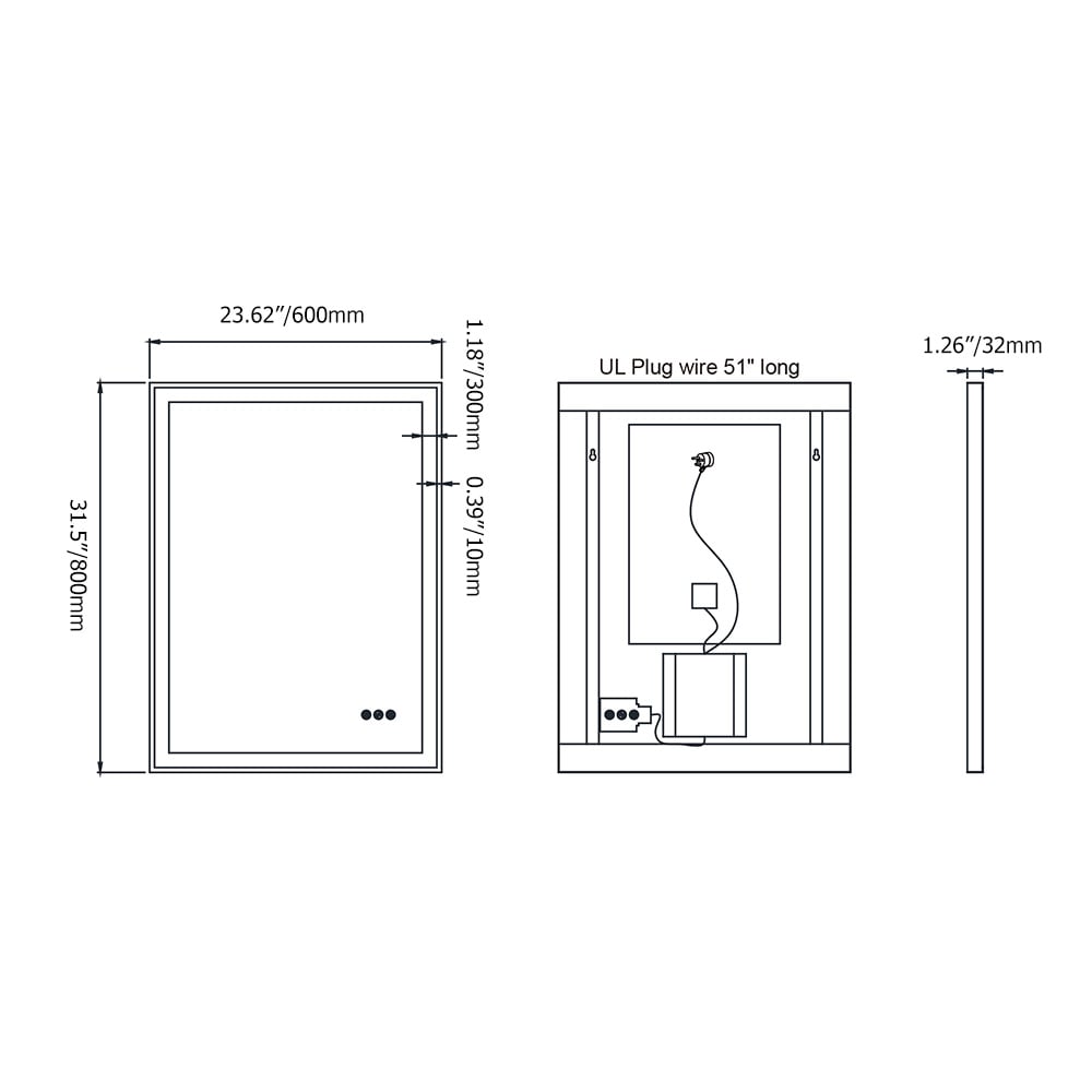 600mm x 800mm Matte Black Frame Rectangle Wall Mounted LED Bathroom Mirror Anti-Fog window image