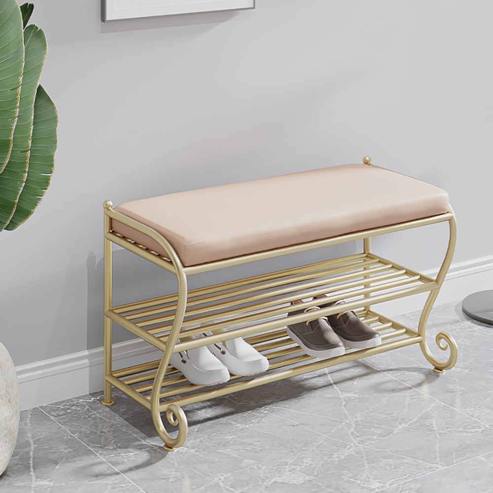 39.4" Leather Upholstered Entryway Bench with Shoe Rack Gold Legs window image