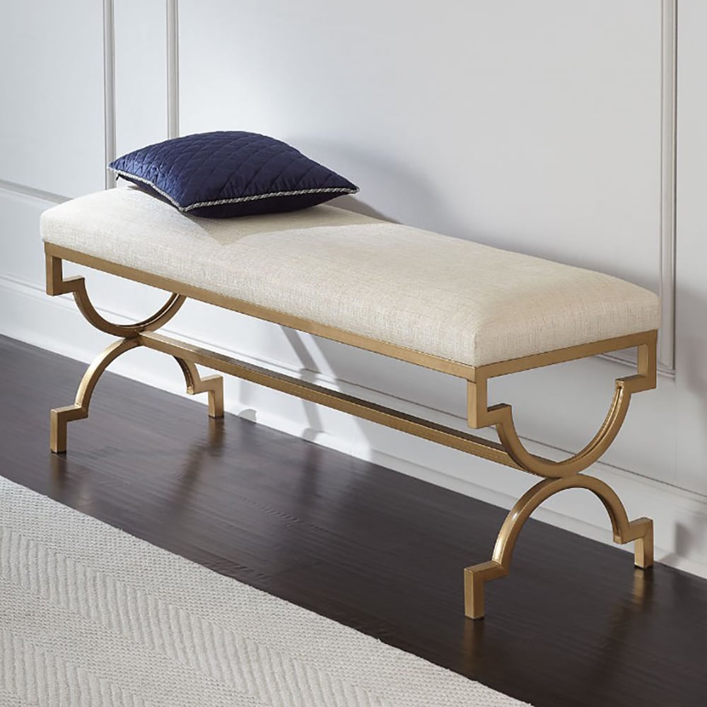 Modern Linen Upholstered Bedroom Bench Gold Metal Frame Ottoman window image